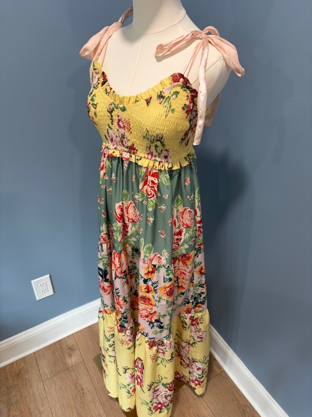Floral Tiered Maxi Dress with Tie Straps - Yellow Multi - Picture 2 of 9